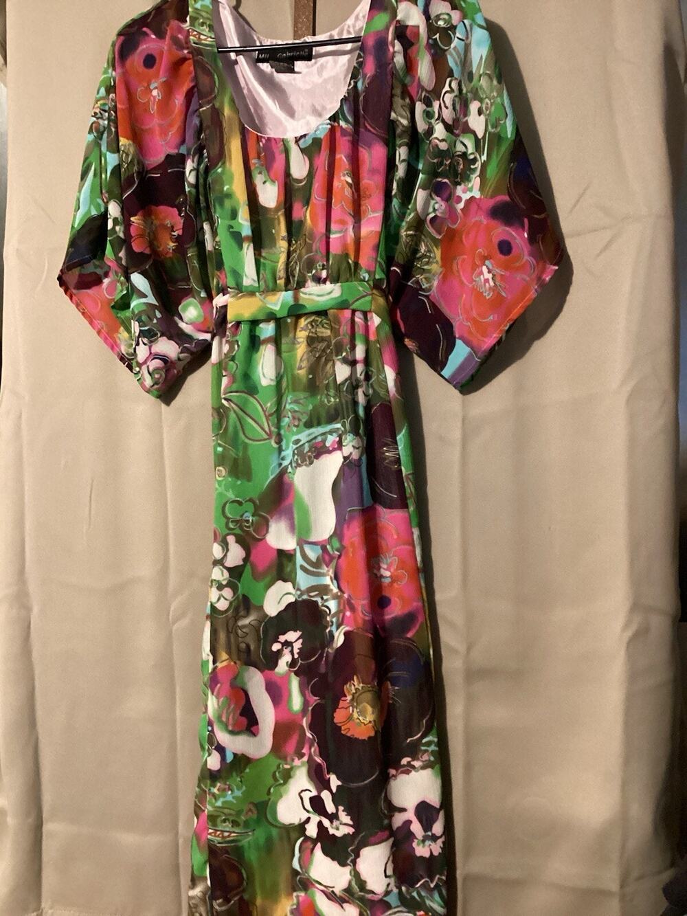 Mlle Gabrielle Long Dress Multicolor Scoop Neck Kimono Sleeves SZ L